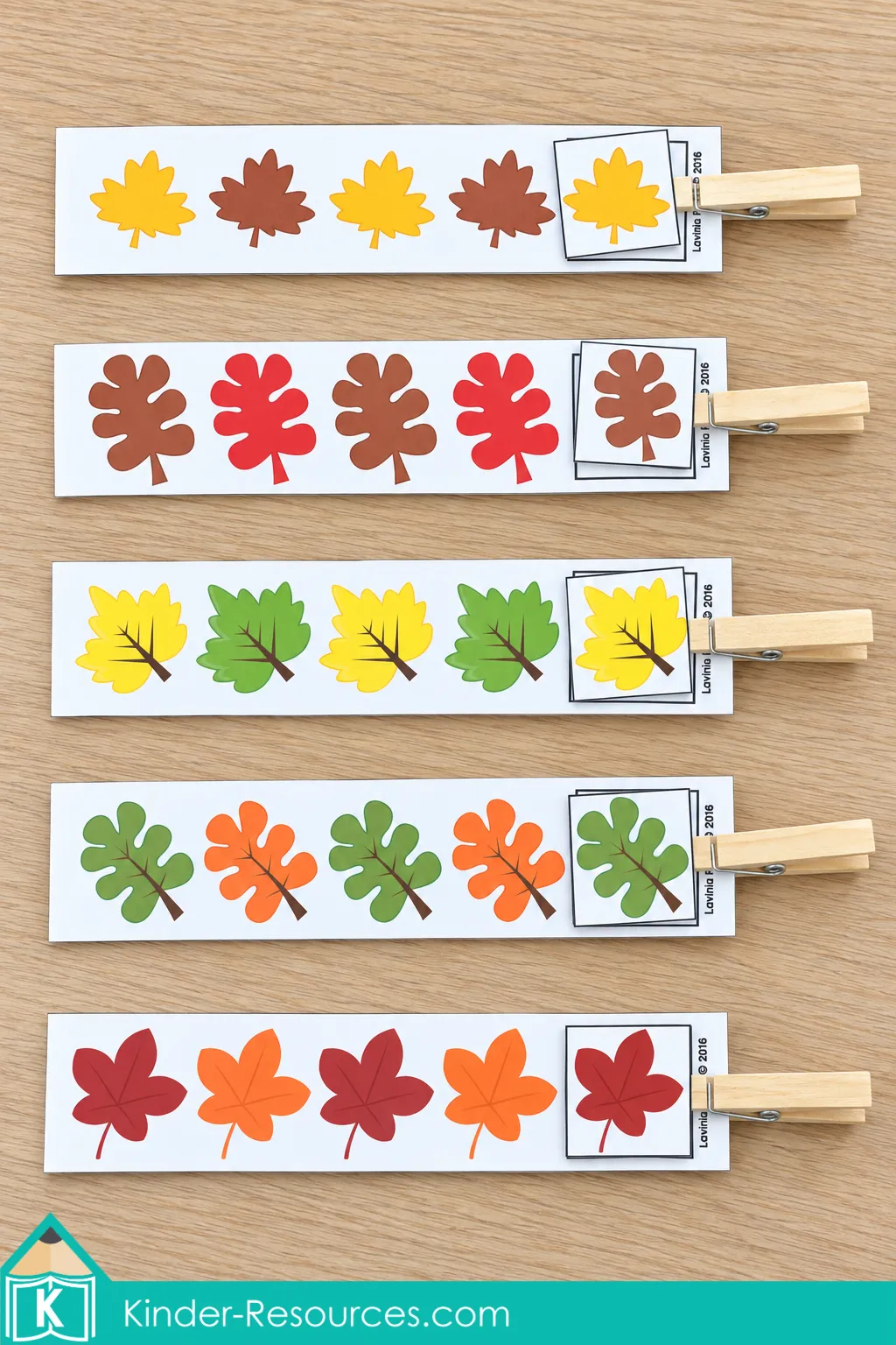 Five AB leaf pattern strips for fall preschool centers with clothespins holding the matching leaf at the end of each pattern.