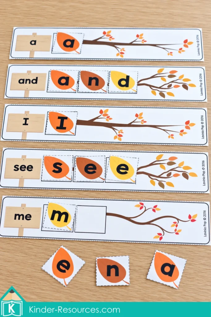 Autumn branch sight word strips for fall preschool centers with leaf letter tiles forming words and loose tiles below.