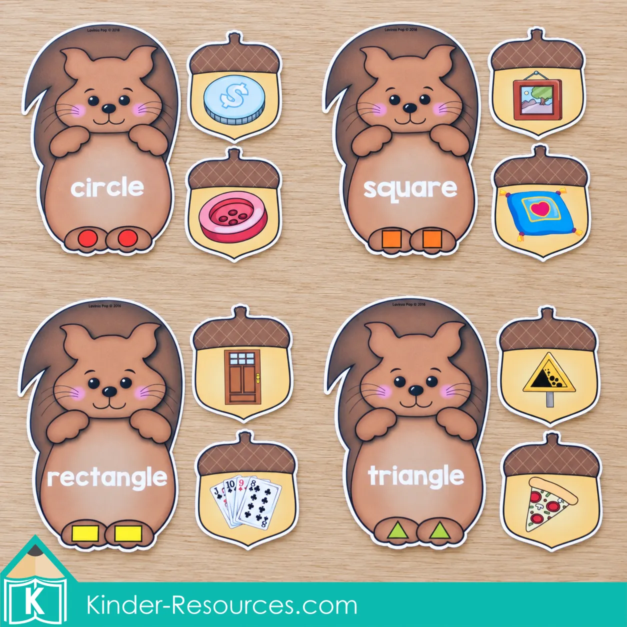 Squirrel mats and acorn picture cards for fall preschool centers matching circle, square, rectangle, and triangle shapes.