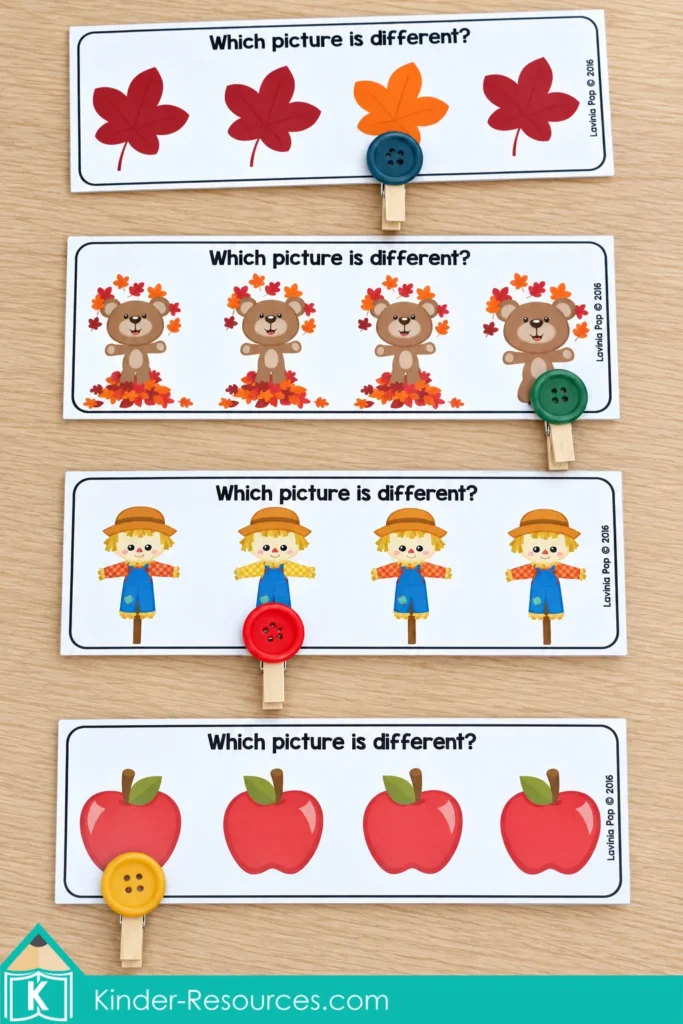 Visual discrimination cards for fall preschool centers with clothespins marking differences among leaves, bears, scarecrows, and apples.