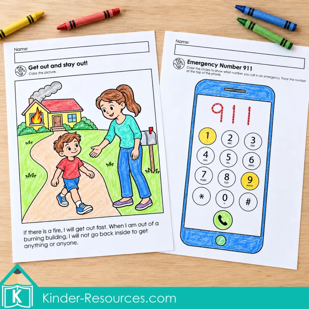 Kindergarten fire safety worksheets featuring Get Out and Stay Out and emergency number 911 practice.