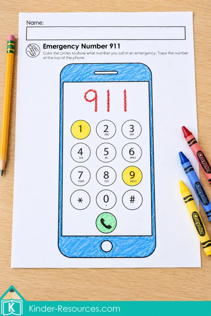 Fire safety worksheet with a blue phone, traced 911 digits, and highlighted keypad numbers for kindergarten emergency number practice.