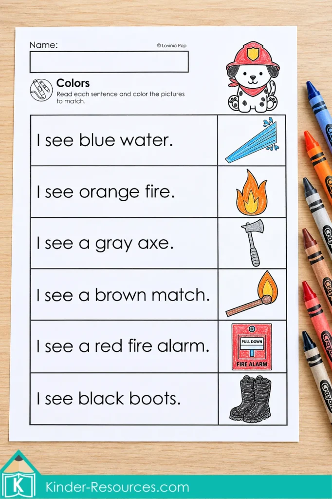 Kindergarten fire safety worksheet with six color word sentences and matching crayon-colored pictures of water, fire, an axe, a match, an alarm, and boots.
