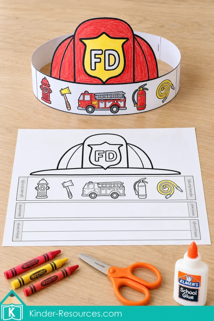 Red crayon-colored paper firefighter hat beside its printable template, with scissors, glue, and crayons for a kindergarten fire safety craft.