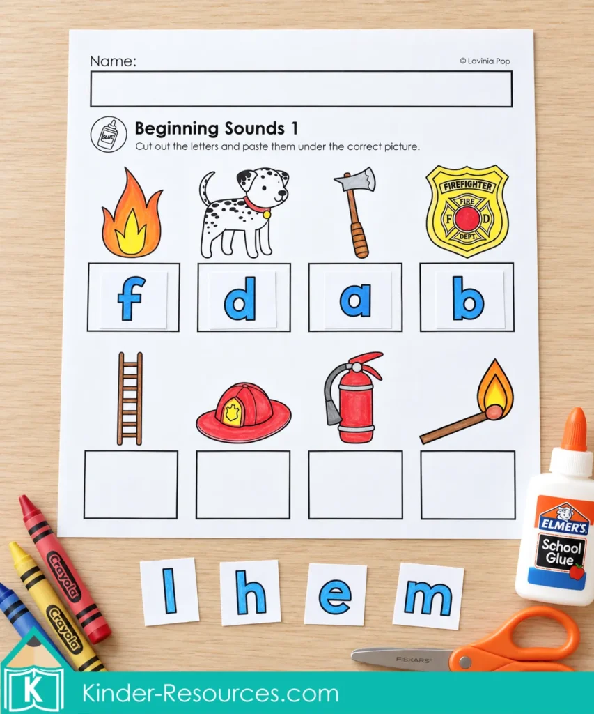 Kindergarten fire safety beginning sounds worksheet with four letter matches completed and loose letter cards beneath the remaining pictures.