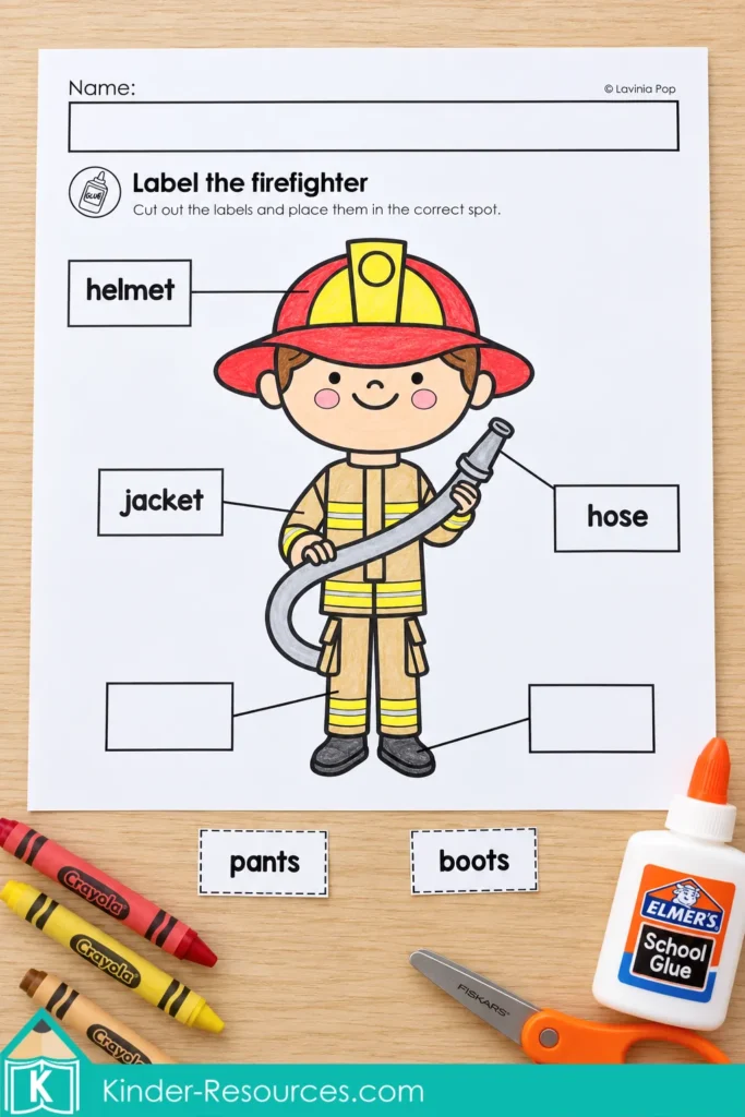 Kindergarten firefighter labeling worksheet with helmet, jacket, and hose labels in place and loose pants and boots labels ready to paste.