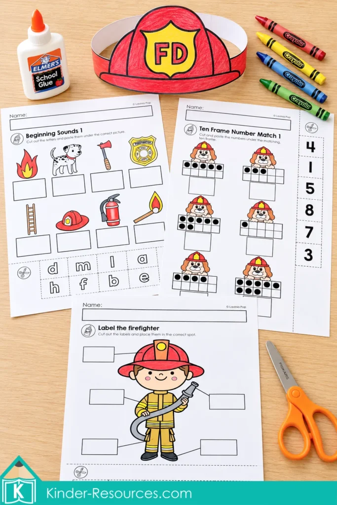 Kindergarten fire safety worksheets with beginning sounds, ten frame matching, firefighter labeling, and a red paper firefighter hat.