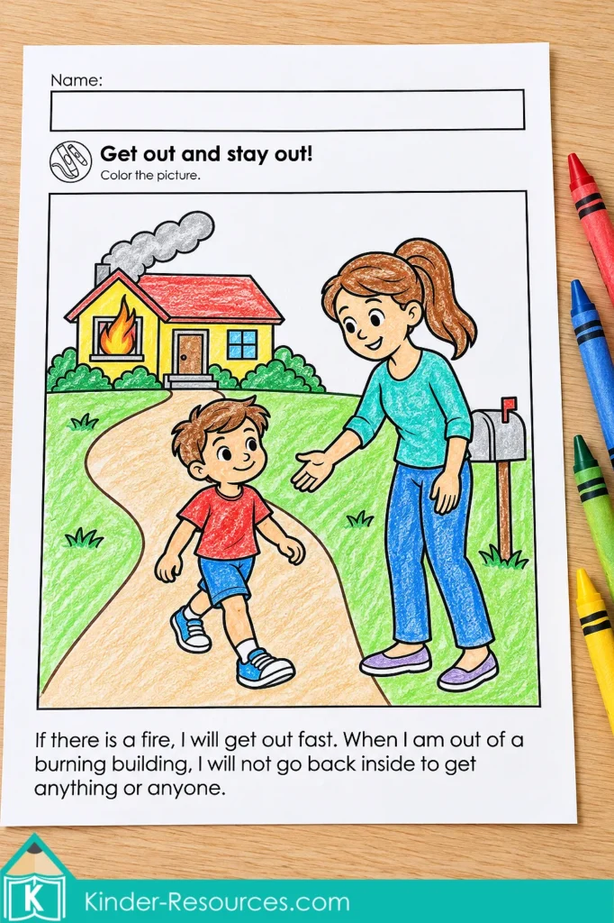 Kindergarten fire safety coloring page showing a boy walking away from a burning house toward an adult, colored with crayons.