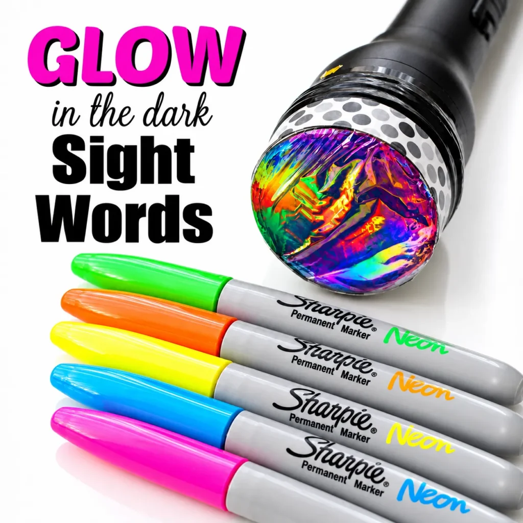 Blacklight flashlight and colorful neon markers for a glow in the dark sight words activity