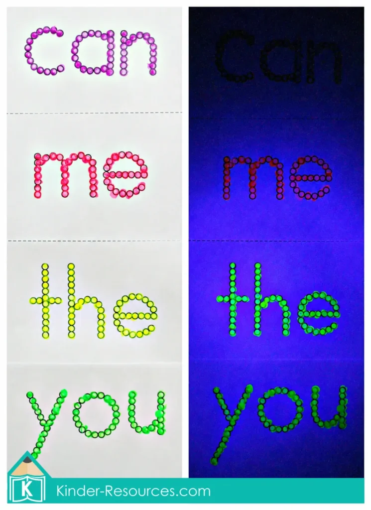 Side by side comparison of Q Tip sight words in normal light and under blacklight