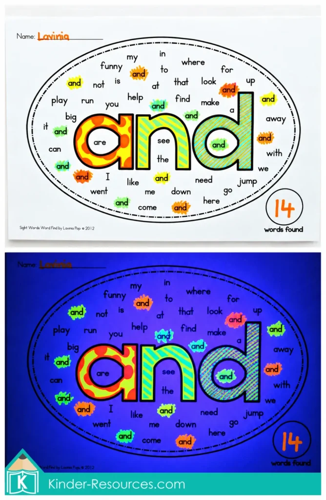 word and worksheet shown in normal light and glowing under a blacklight