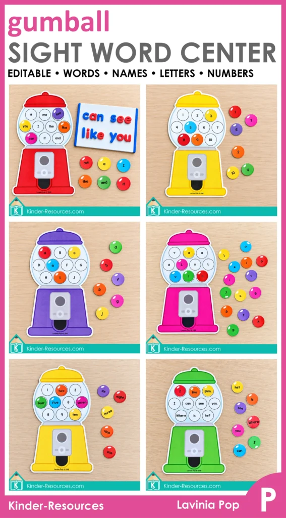 Collage of editable gumball activities for sight words, name letters, alphabet matching, numbers, number words, and sentences.