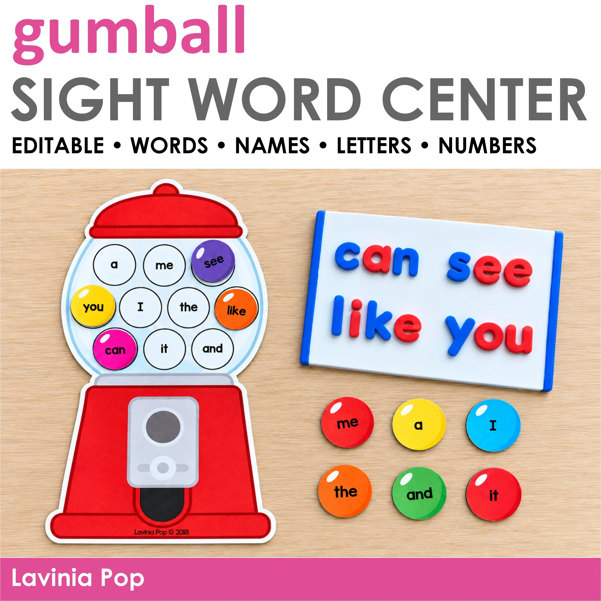 Gumball Sight Word Center cover by Lavinia Pop, featuring editable activities for words, names, letters, and numbers.