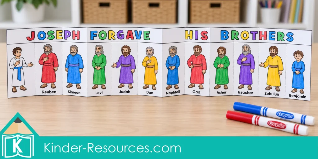 Completed preschool accordion craft showing Joseph and his eleven brothers beneath the words “Joseph forgave his brothers.”