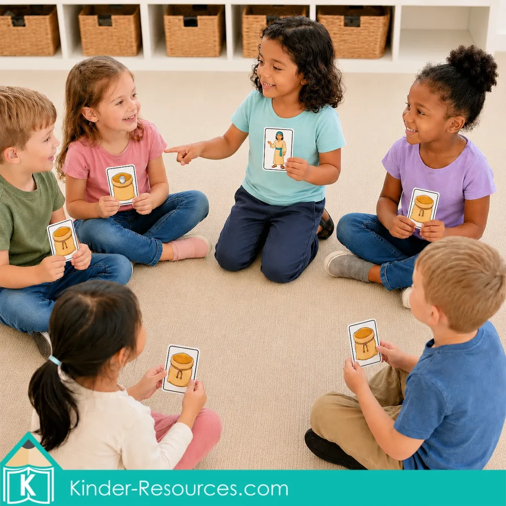 Preschool children sitting in a circle holding picture cards during the Joseph Forgives His Brothers silver cup game.