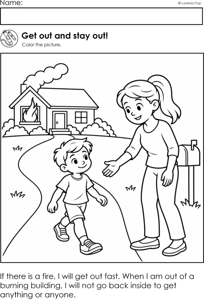 Free kindergarten fire safety rules worksheet for coloring and tracing simple safety rules during a fire drill.