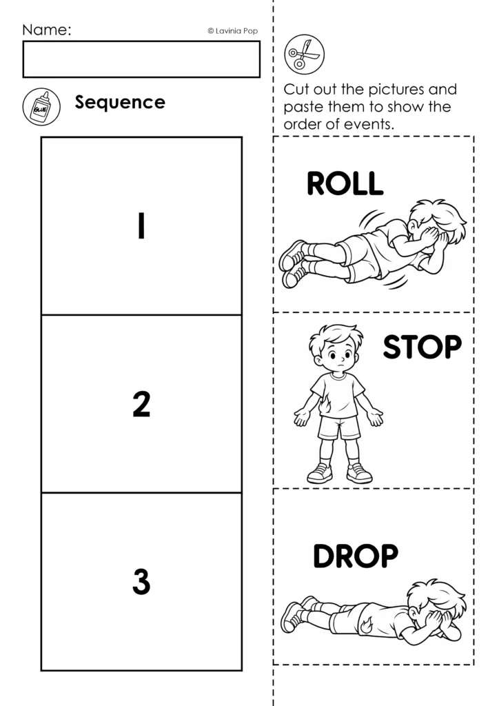 Free kindergarten fire safety worksheet showing Stop, Drop, and Roll sequencing activity where children cut and paste pictures in order.