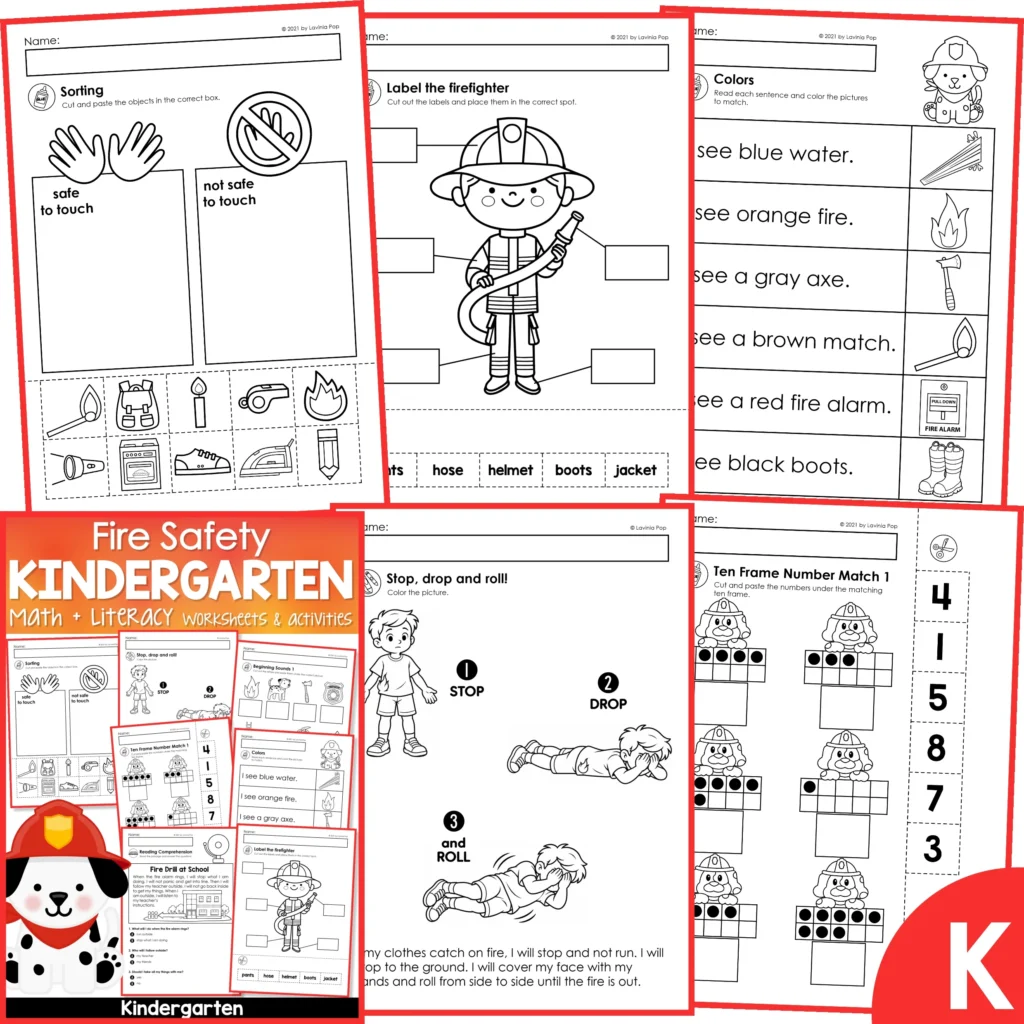 Fire Safety Kindergarten Worksheets and Activities packet preview with sample pages including sorting, labeling, colors, stop drop roll, ten frame number match, and firefighter themed cover.