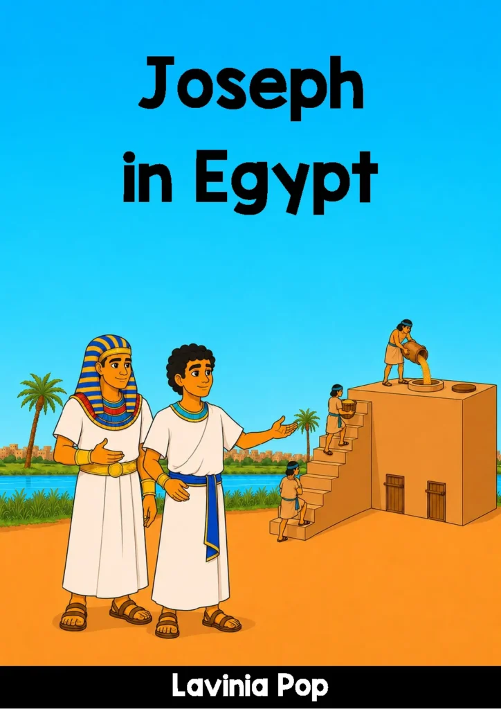 Joseph in Egypt storybook cover by Lavinia Pop, showing Joseph and Pharaoh beside workers carrying grain into a storehouse.