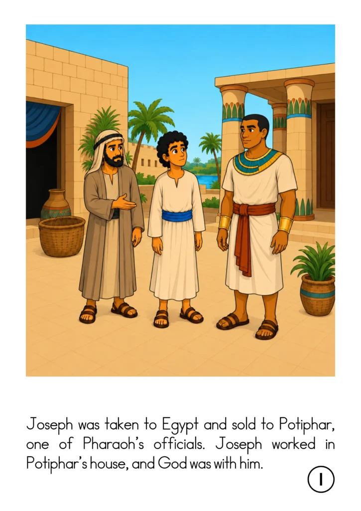 Joseph in Egypt storybook page showing Joseph standing between a trader and Potiphar outside Potiphar’s house.