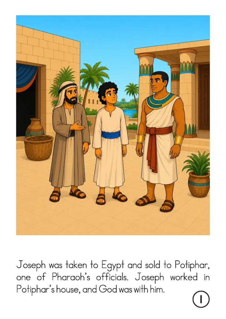 Joseph in Egypt storybook page showing Joseph standing between a trader and Potiphar outside Potiphar’s house.