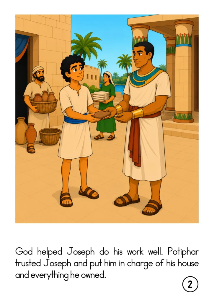 Joseph in Egypt storybook page showing Potiphar entrusting his household to Joseph, with servants carrying supplies behind them.