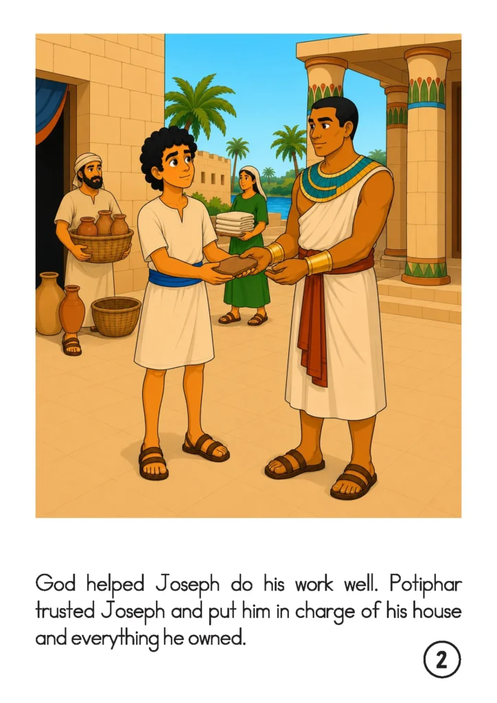 Joseph in Egypt storybook page showing Potiphar entrusting his household to Joseph, with servants carrying supplies behind them.