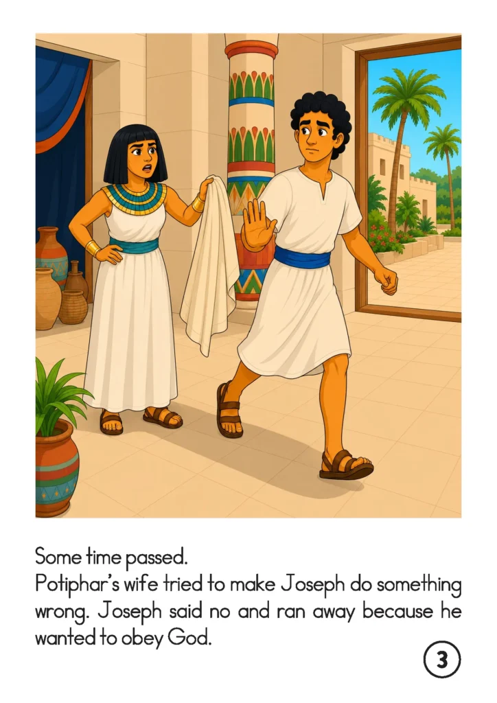 Joseph in Egypt storybook page showing Joseph running away from Potiphar’s wife as she holds his garment.