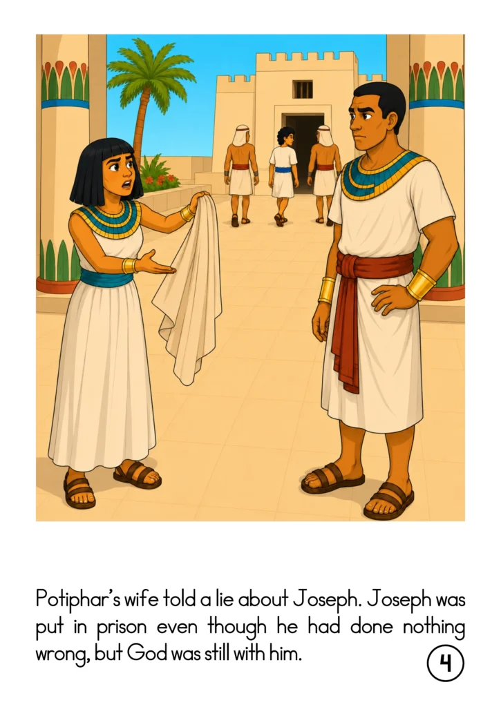 Joseph in Egypt storybook page showing Potiphar’s wife holding Joseph’s garment while guards lead Joseph toward prison.
