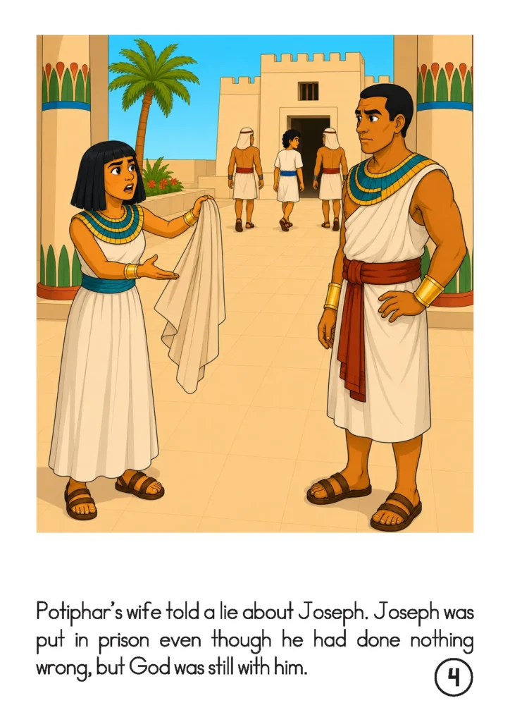 Joseph in Egypt storybook page showing Potiphar’s wife holding Joseph’s garment while guards lead Joseph toward prison.