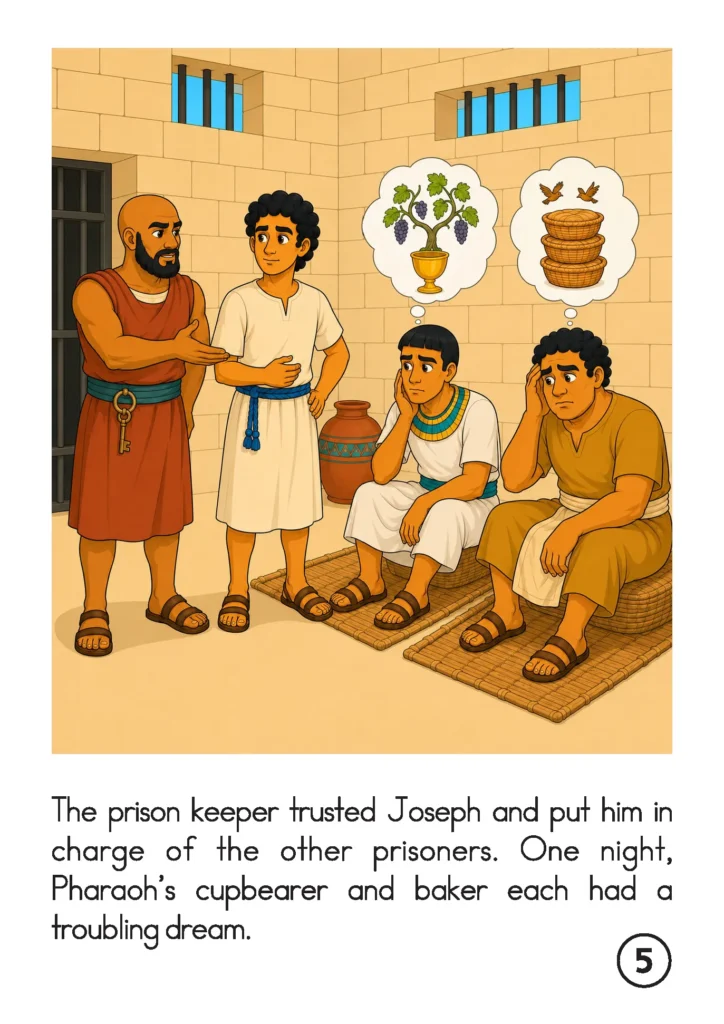 Joseph in Egypt storybook page showing Joseph with the prison keeper, cupbearer, and baker, with dream bubbles above the prisoners.
