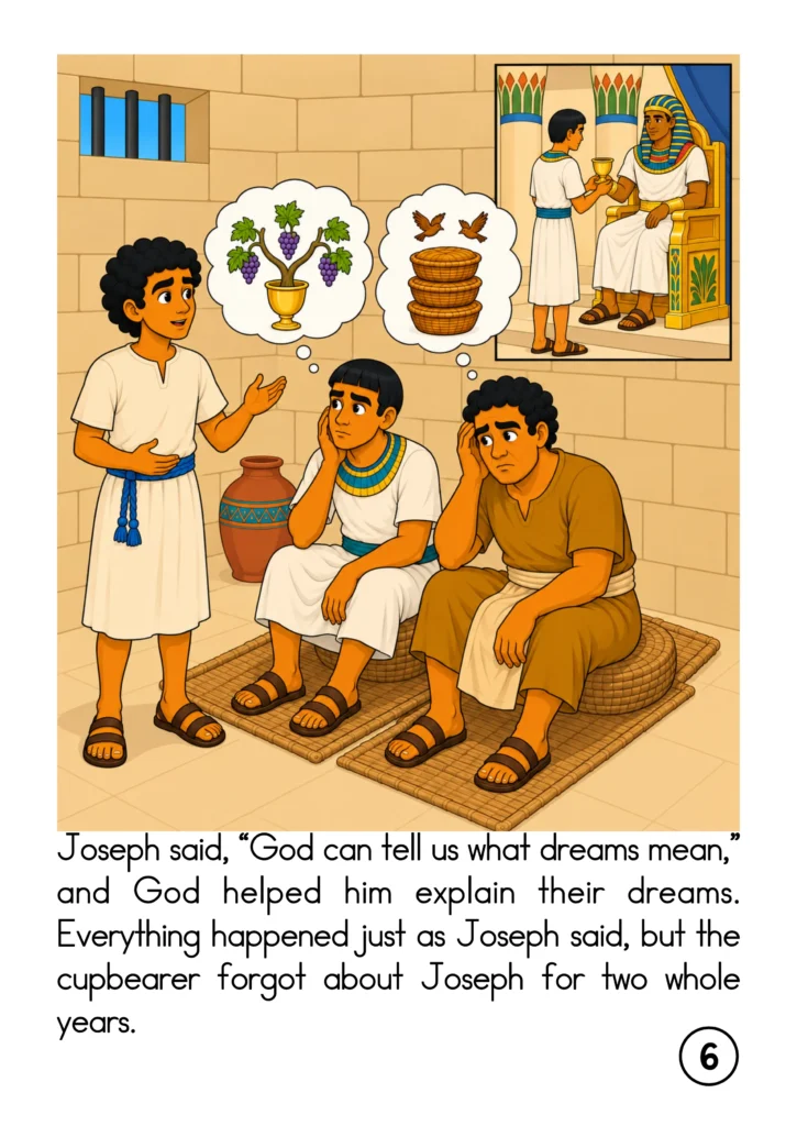 Joseph in Egypt storybook page showing Joseph explaining two prisoners’ dreams, with an inset of the cupbearer serving Pharaoh.