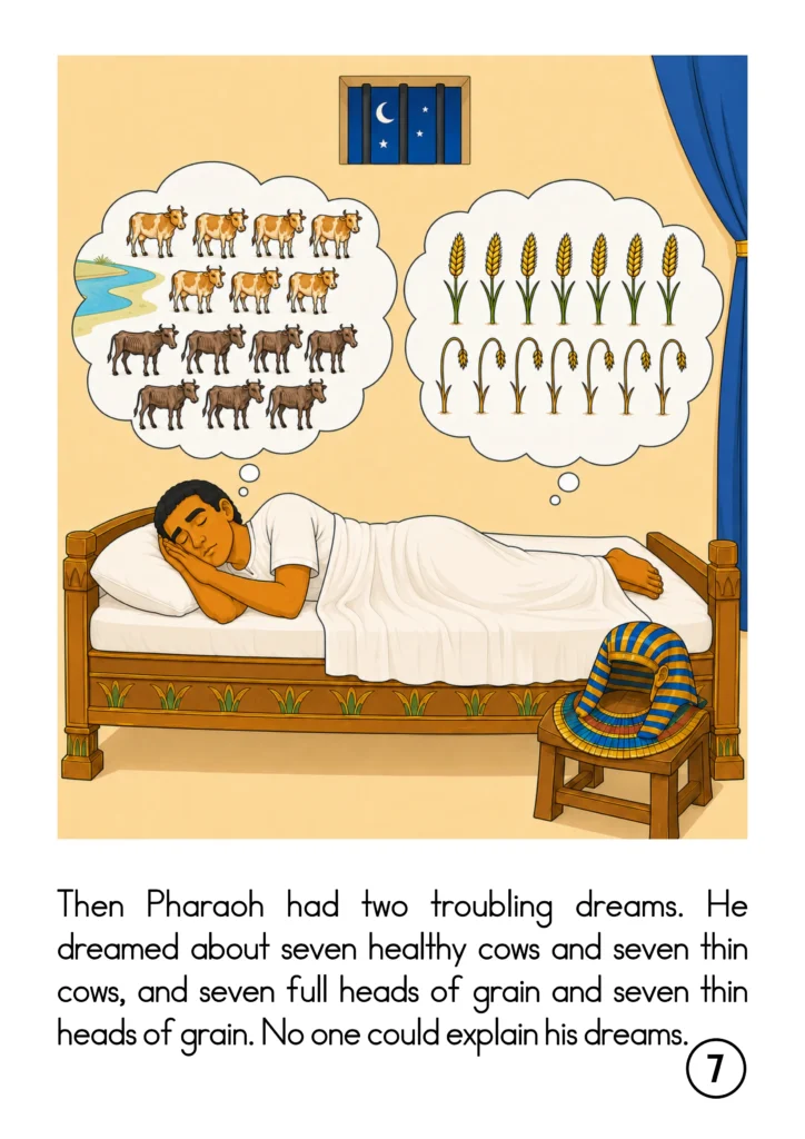 Joseph in Egypt storybook page showing sleeping Pharaoh dreaming of seven healthy and seven thin cows, plus full and thin heads of grain.