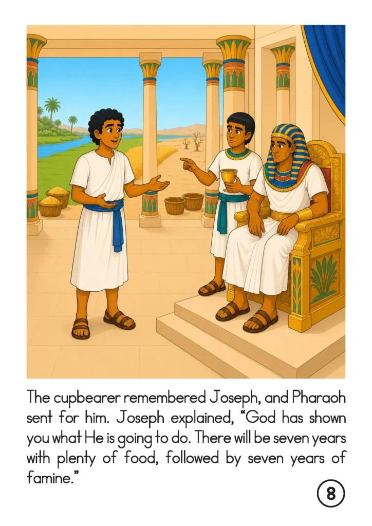 Joseph in Egypt storybook page showing Joseph explaining Pharaoh’s dreams, with plentiful crops and dry land in the background.