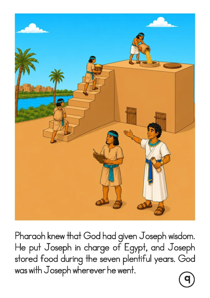 Joseph in Egypt storybook page showing Joseph overseeing workers carrying and pouring grain into a storehouse during the plentiful years.