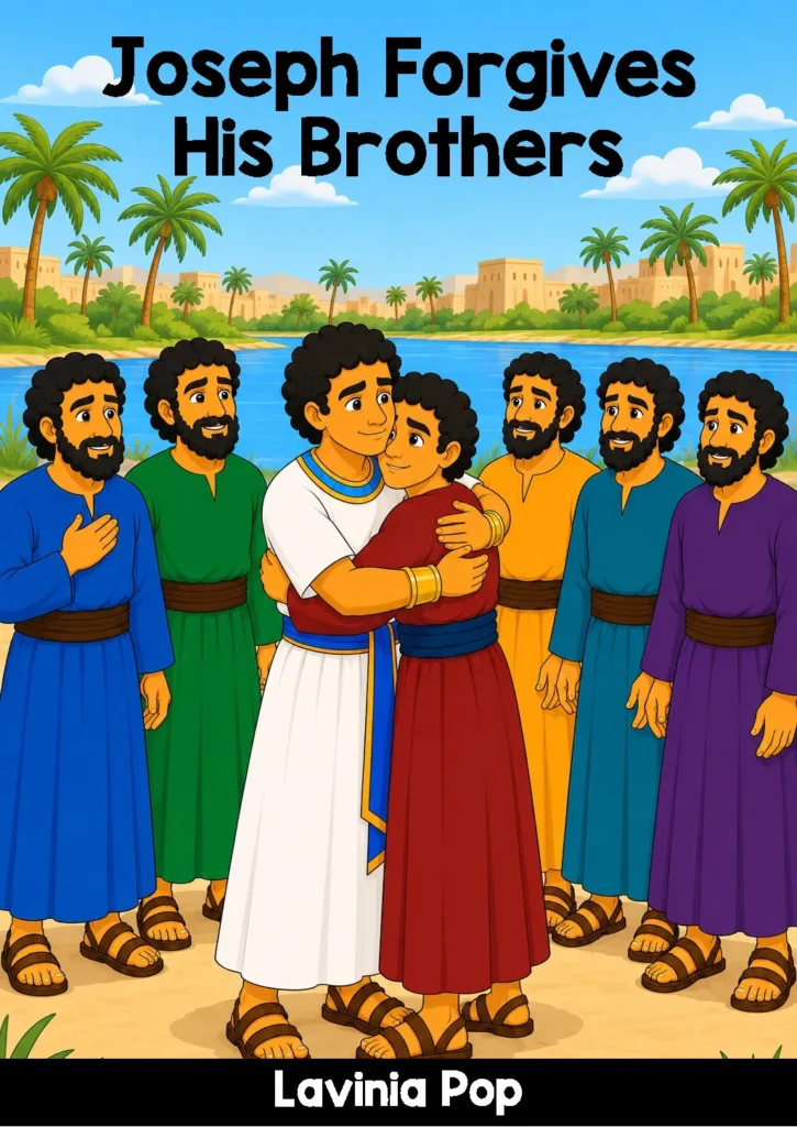 Cover of Joseph Forgives His Brothers by Lavinia Pop, showing Joseph embracing Benjamin with his brothers gathered around.