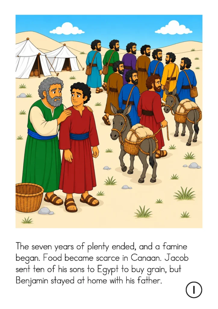 Jacob and Benjamin stay home while Joseph’s ten older brothers travel with donkeys to buy grain in Egypt.