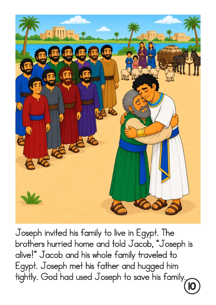 Joseph hugs his father Jacob in Egypt, with his brothers, the family’s loaded wagons, and animals behind them.