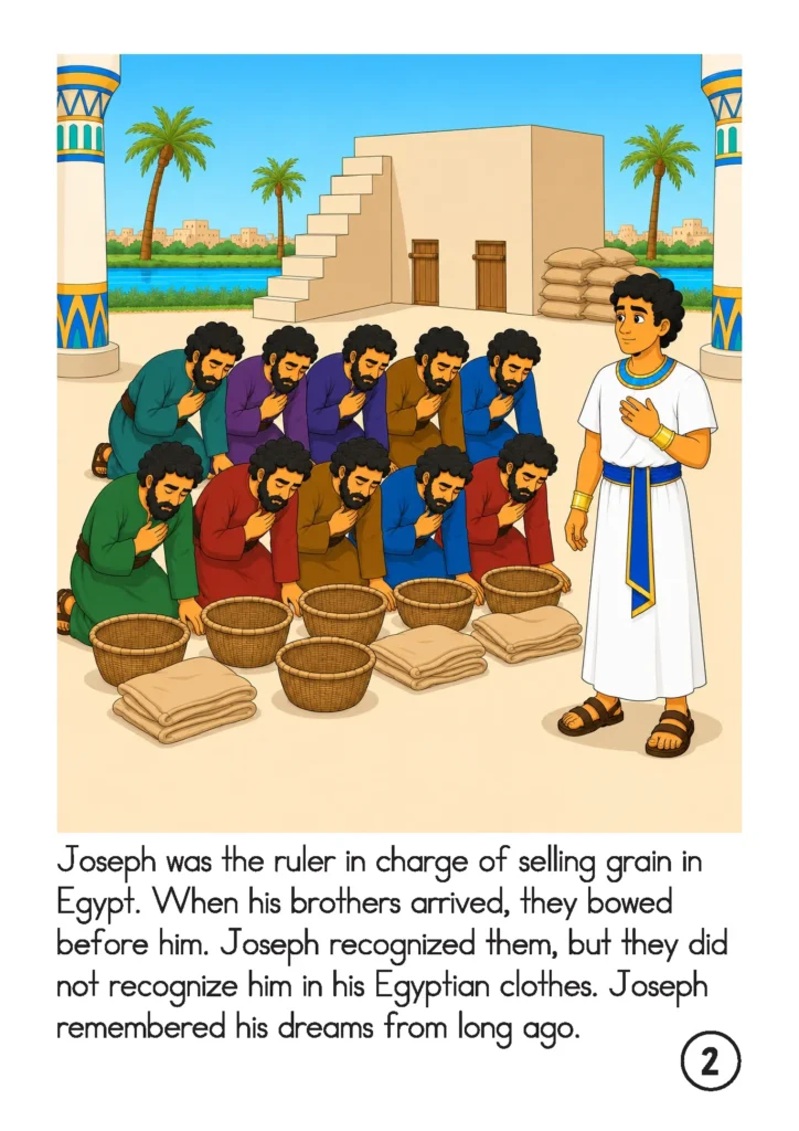 Joseph’s brothers bow before him beside baskets of grain, unaware that the Egyptian ruler is their brother.