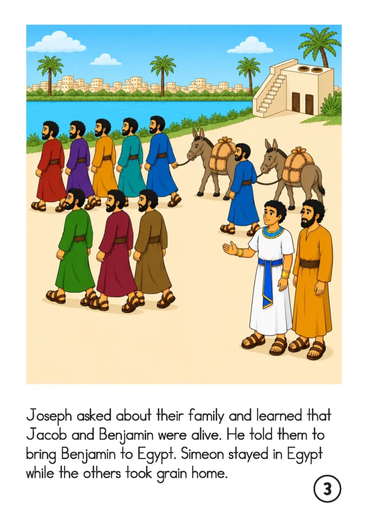Joseph and Simeon watch the other brothers leave Egypt with donkeys carrying grain for their family.