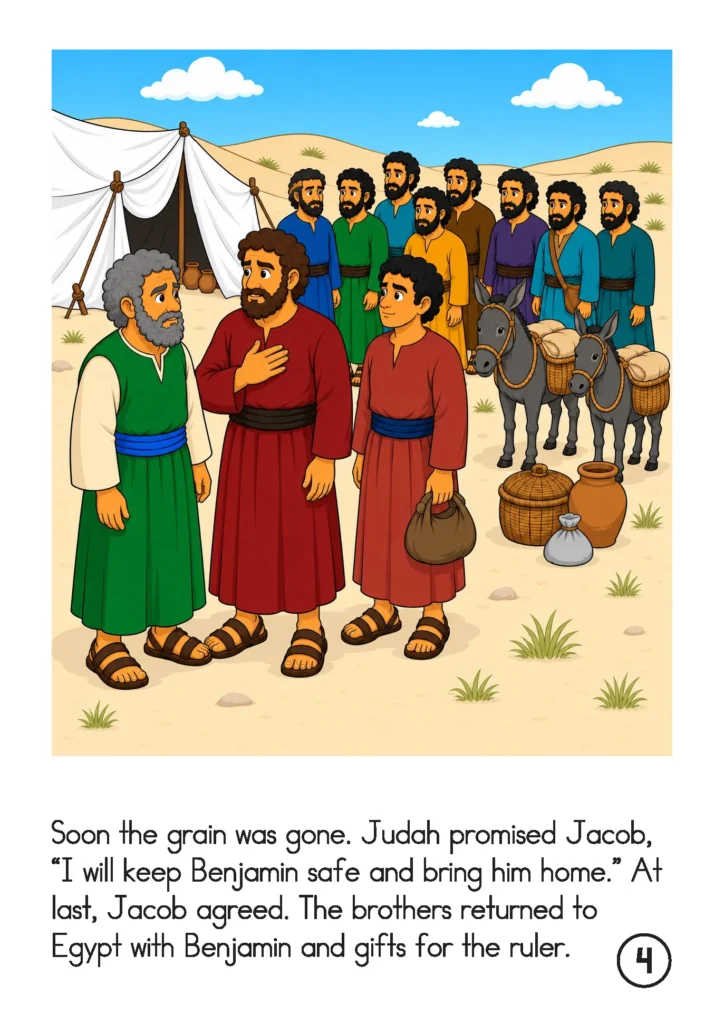 Judah promises Jacob to keep Benjamin safe as the brothers prepare to return to Egypt with gifts and donkeys.