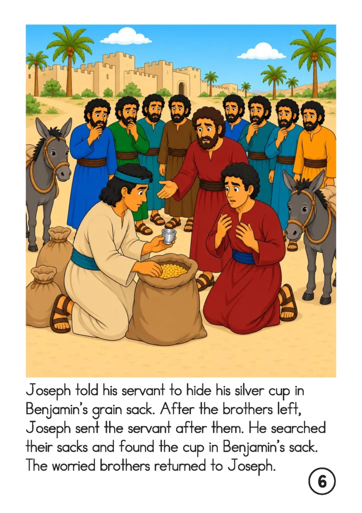 Joseph’s servant finds the silver cup in Benjamin’s grain sack as Benjamin kneels nearby and his worried brothers watch.