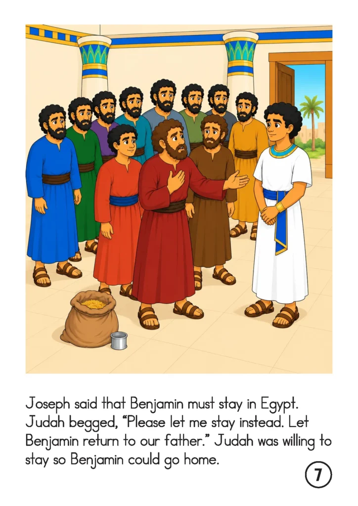 udah pleads with Joseph to let him stay in Benjamin’s place, with the brothers gathered behind him.