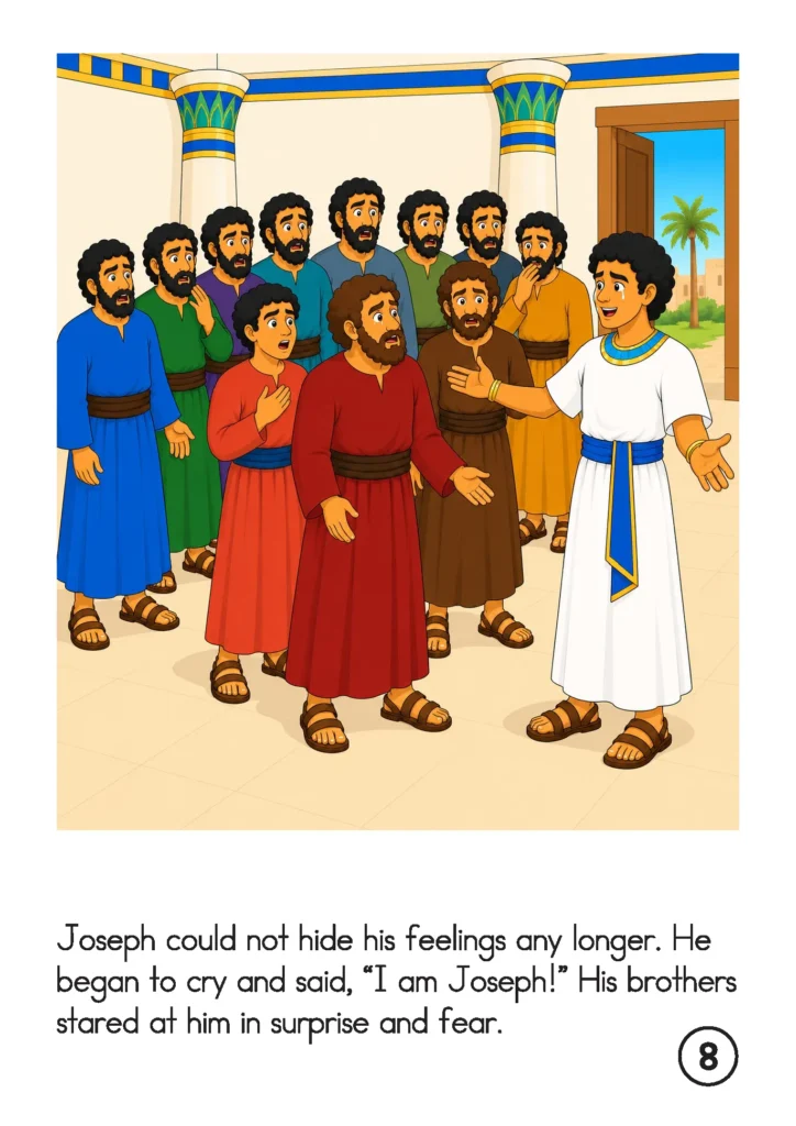 Joseph tells his brothers who he is, holding out his arms as they look at him in surprise.