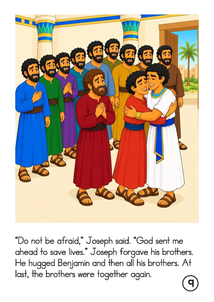 Joseph embraces Benjamin while his smiling brothers gather around during their reunion.