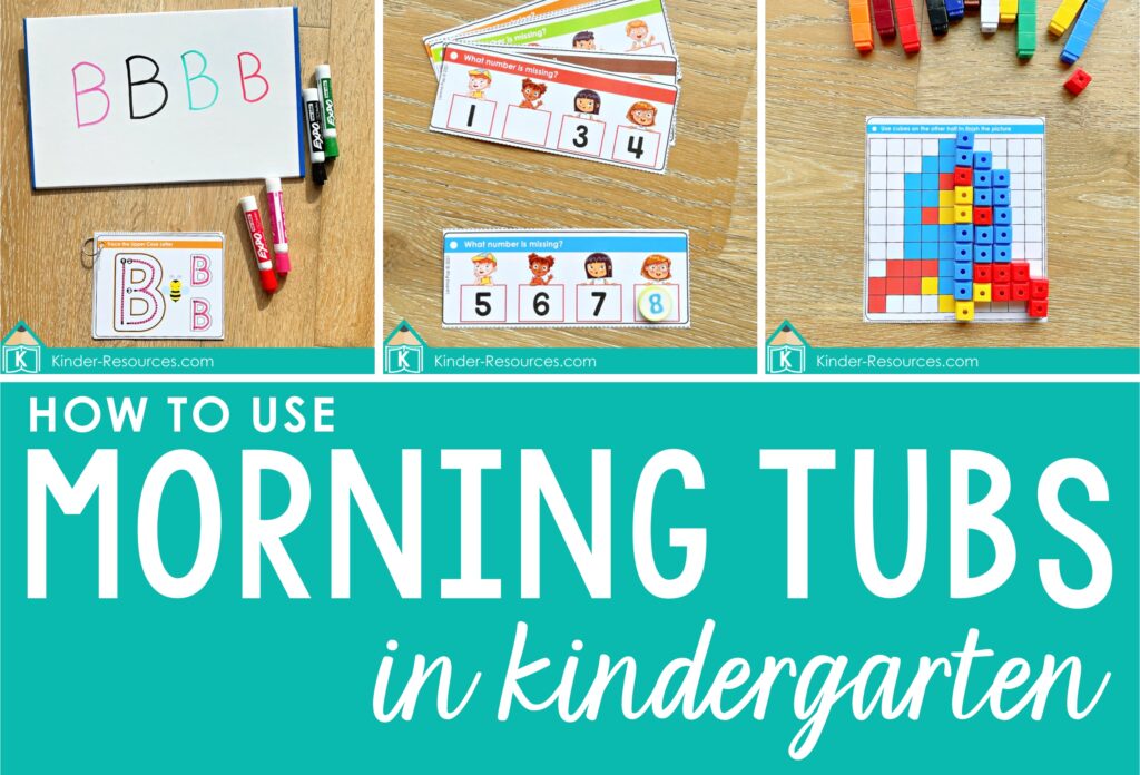 Kindergarten morning tub activities for literacy, numeracy, and fine motor skills using dry erase markers, counting cards, and snap cubes.