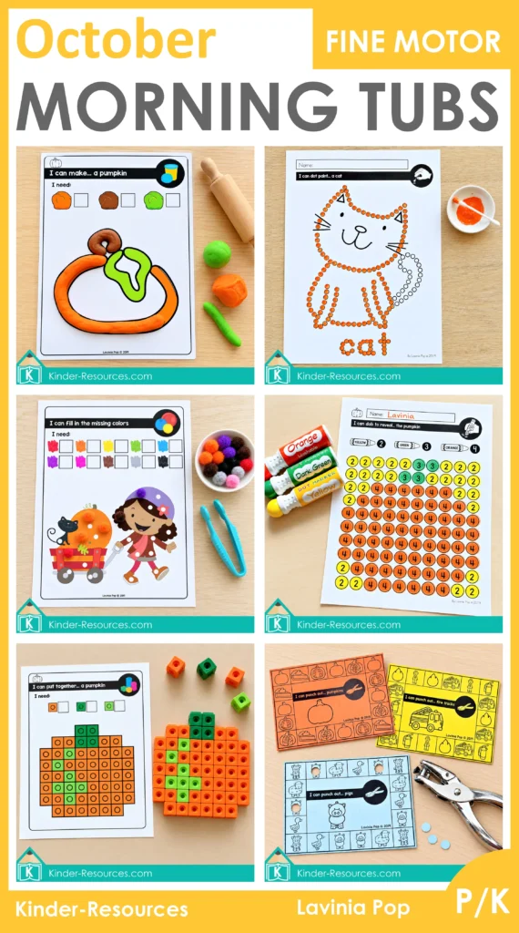 October fine motor morning tubs printable activities for preschool and kindergarten featuring hands on fall, farm, pumpkin, cat, and fire safety fine motor centers.