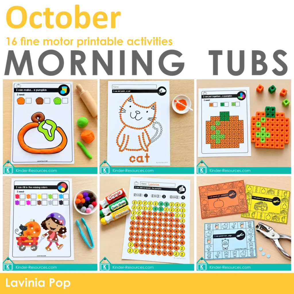 October fine motor morning tubs for preschool and kindergarten with playdough, dot painting, pom poms, dot markers, counting cubes, and hole punch activities.