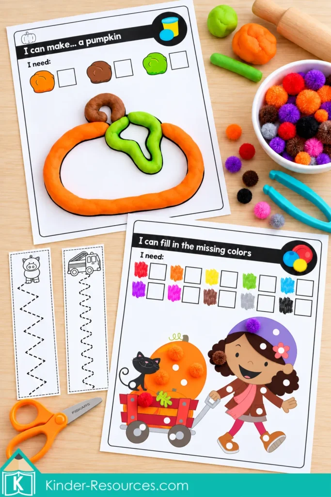 October fine motor morning tubs for preschool and kindergarten with pumpkin playdough, cutting strips, pom poms, tweezers, and color matching activities.