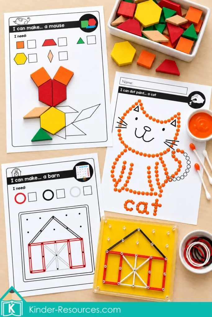 October fine motor morning tubs for preschool with pattern blocks, cat cotton swab dot painting, and a barn geoboard activity using elastic bands.
